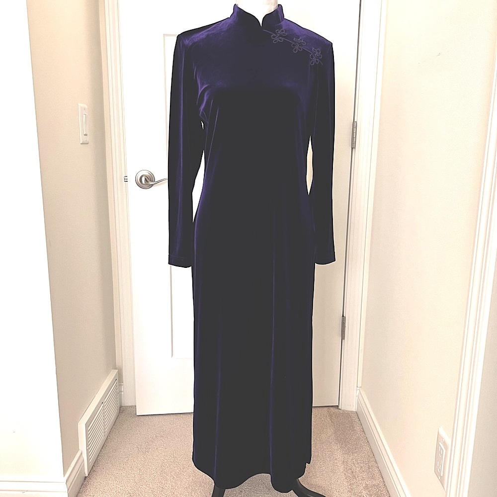 Vtg KC Spencer Royal Purple Velvet Long-Sleeved Cheongsam w/Side Slit Sz 12